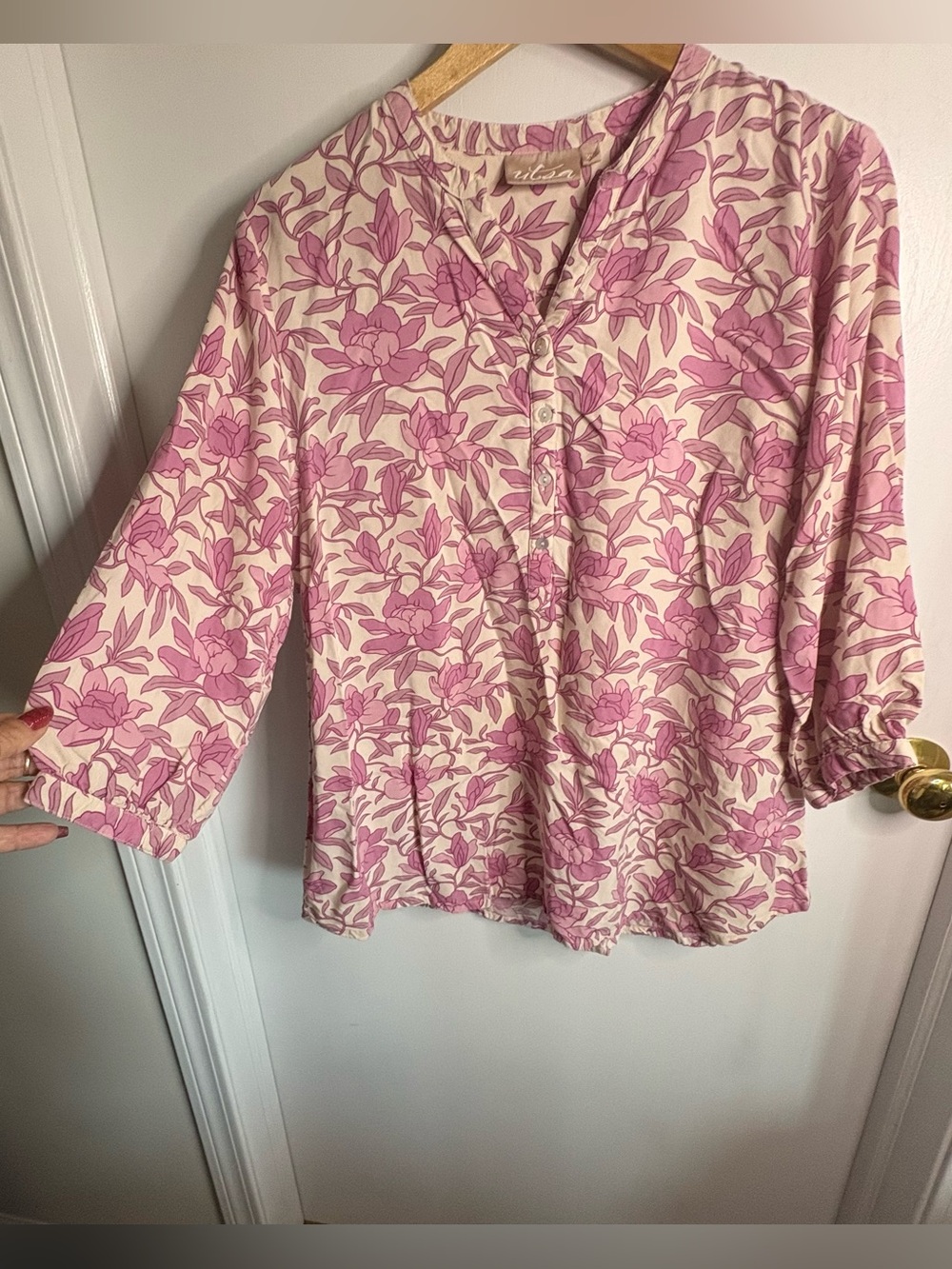 Utsa Women’s Pink Floral Button Placket Peasant Top Boho Festival Cottagecore